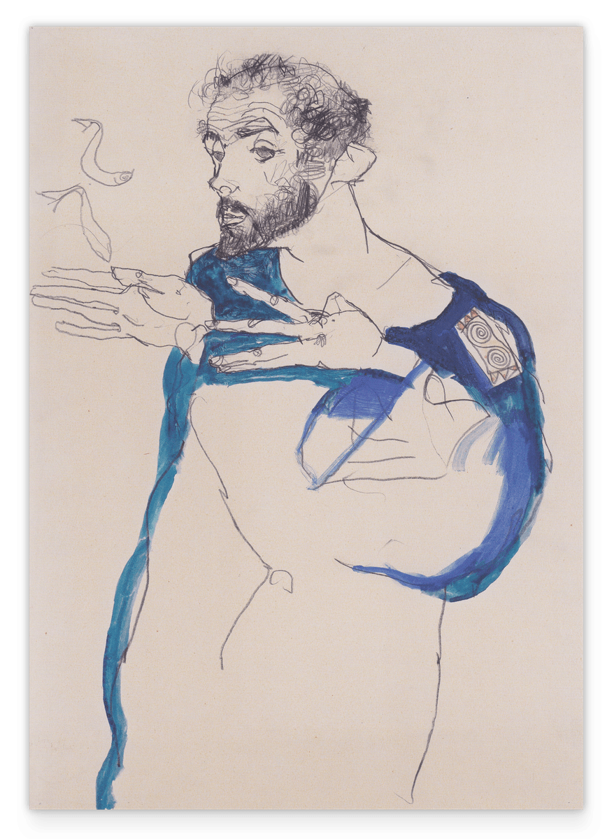 Egon Schiele - Gustav Klimt in einem hellblauen Arbeitskittel (1913)
