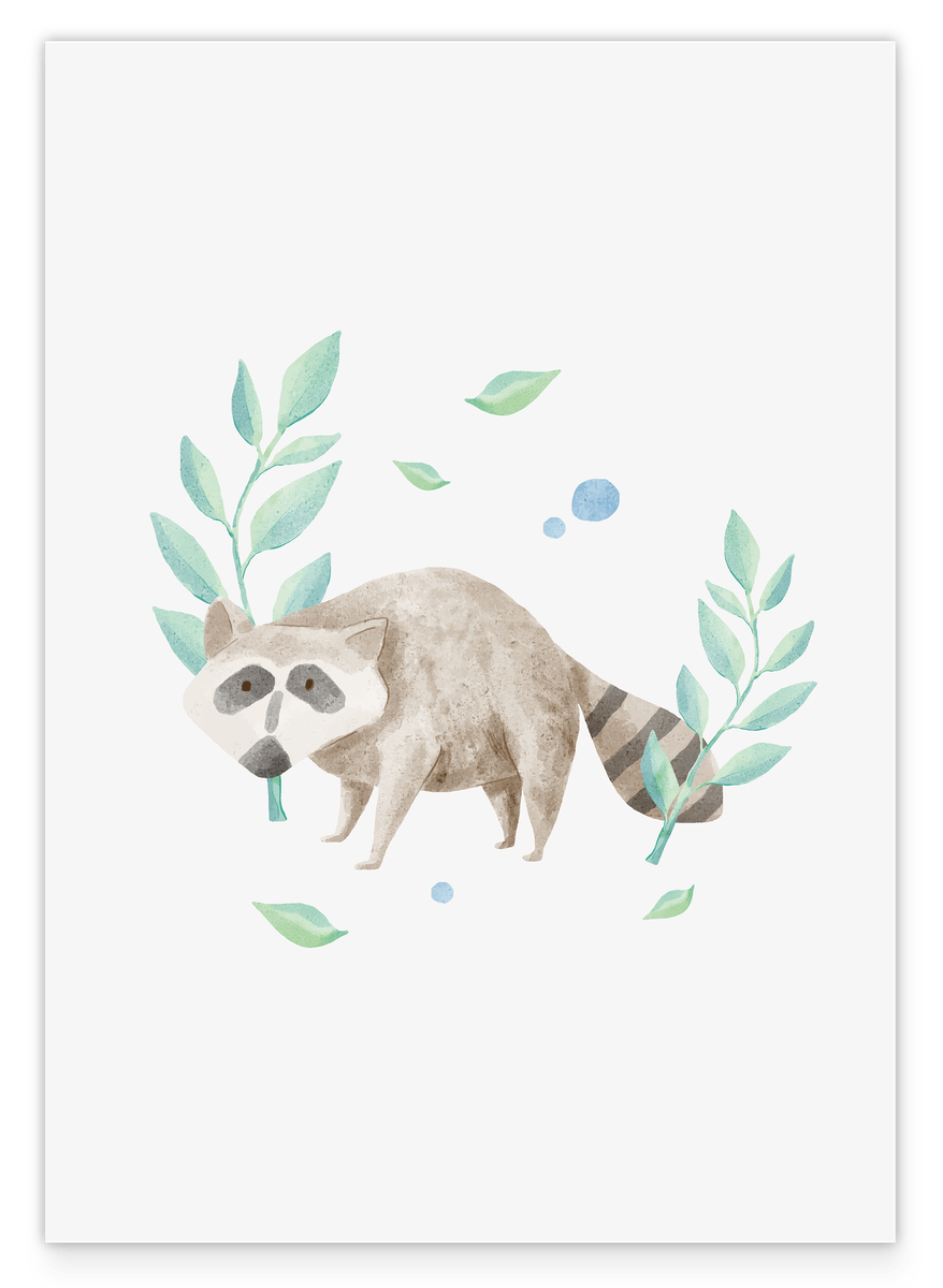 Waschbär im Wald, Wasserfarben-Zeichnung, Süße Illustration, Dekoration für Zuhause