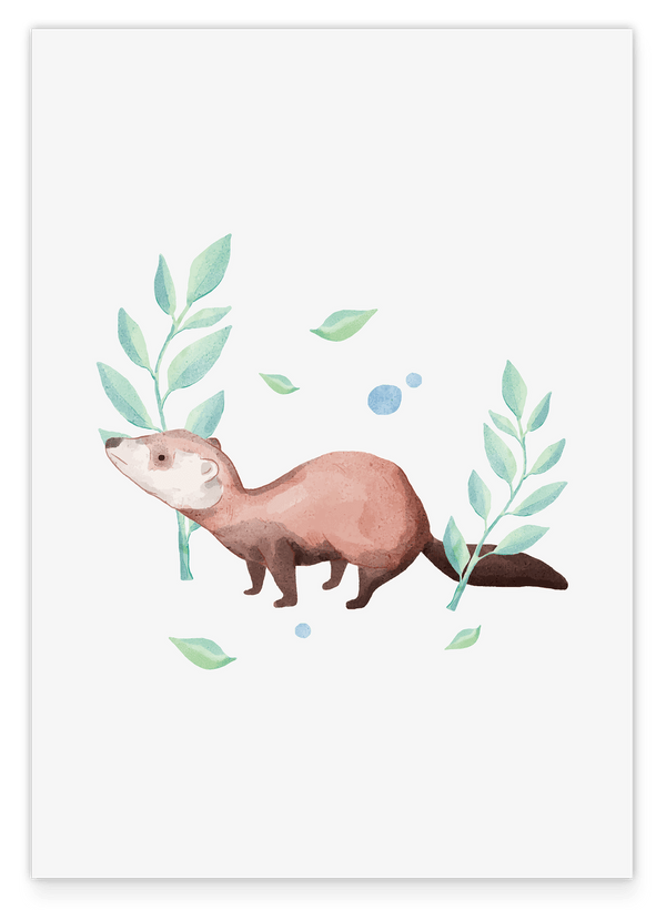Wiesel im Wald, Tier-Illustration, Süße Wasserfarben-Zeichnung, Dekoration für Zuhause