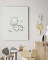 After Hover: Glückliches Zebra, Süße Wasserfarben-Illustration, Kinderzimmer Wanddekoration in Weiß