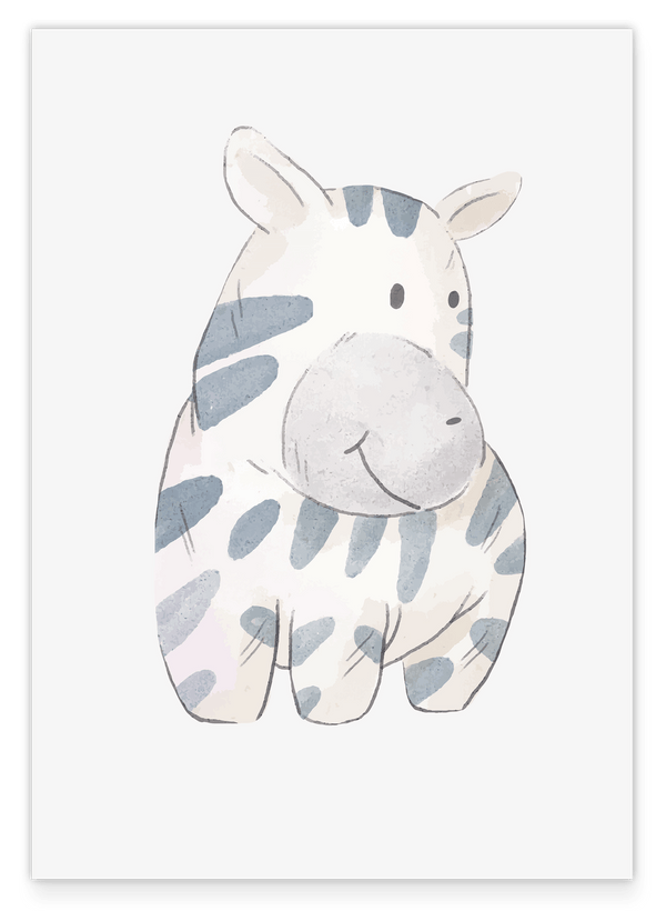 Lächelndes Zebra von der Seite, Kinder Dekoration in Weiß, Süße Wasserfarben-Illustration