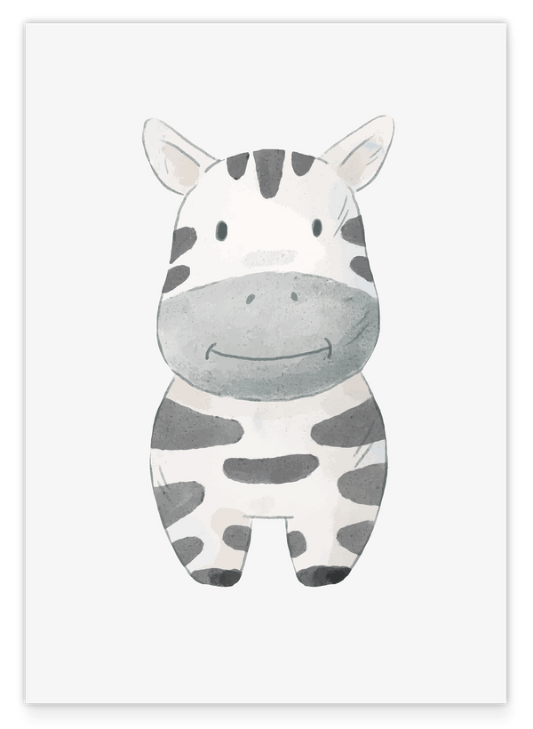 Lächelndes Zebra, Tier-Zeichnung in Wasserfarben, Kunst für Kinder, Deko für Zuhause