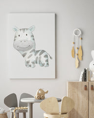 After Hover: Lächelndes Zebra, Süße Kinderzimmer Dekoration in Weiß, Wasserfarben Kunstdruck