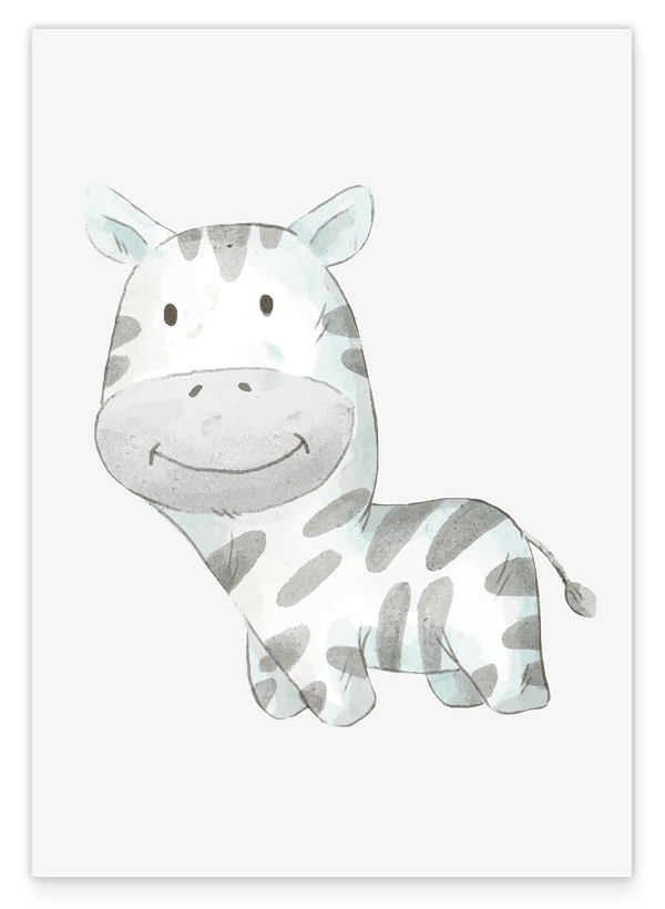 Lächelndes Zebra, Süße Kinderzimmer Dekoration in Weiß, Wasserfarben Kunstdruck