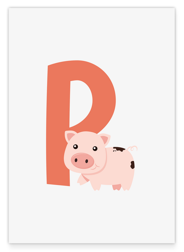 P wie Pig in Weiß, Schwein, Englisches ABC Lernen, Buchstabe für Name, Kinderzimmer Deko