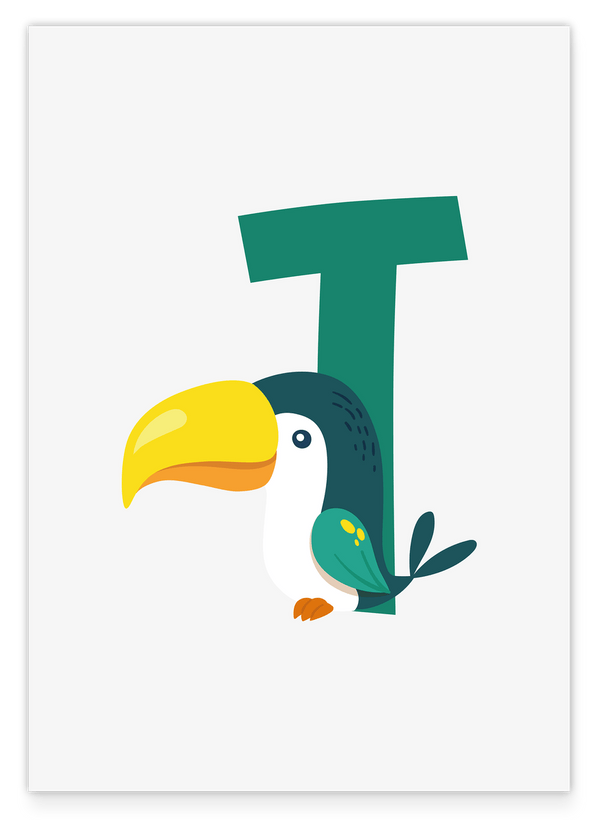 T wie Tukan, Buchstabe für Name, ABC Lernen, Süße Zeichnung für Kinder, Dekoration für Zuhause