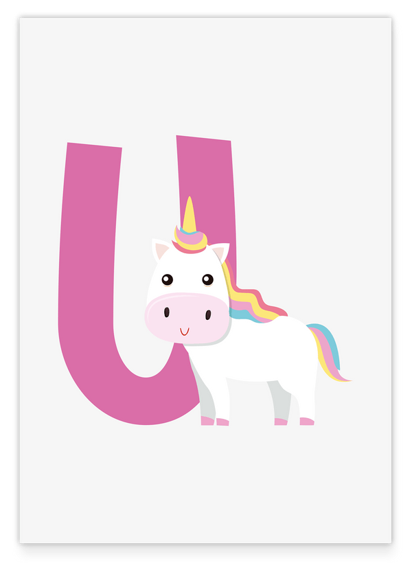 U wie Unicorn, Einhorn Illustration in Weiß, Buchstaben Dekoration für Kinder - Englisches ABC Lernen