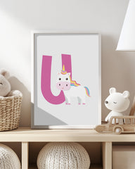 After Hover: U wie Unicorn, Einhorn Illustration in Weiß, Buchstaben Dekoration für Kinder - Englisches ABC Lernen