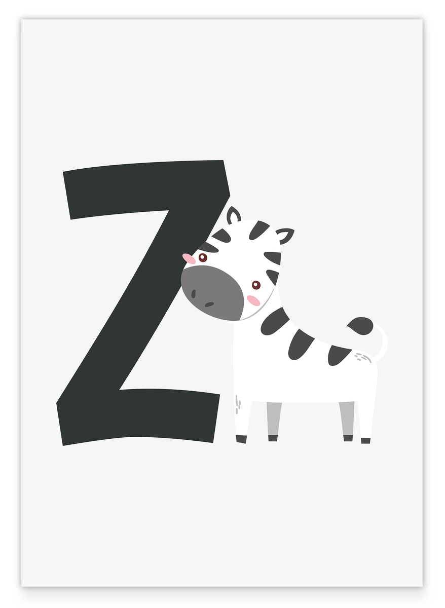 Z wie Zebra in Weiß, Süße Tier-Zeichnung mit Buchstaben für Kinder, ABC Lernen