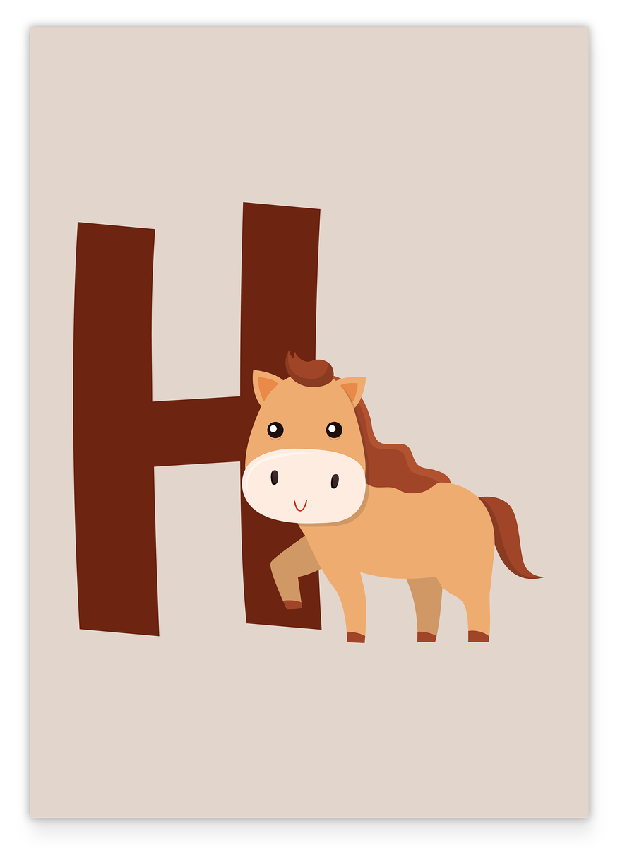 H wie Horse in Beige, Englisches ABC Lernen, Pferde Zeichnung für Kinder, Dekoration für Zuhause