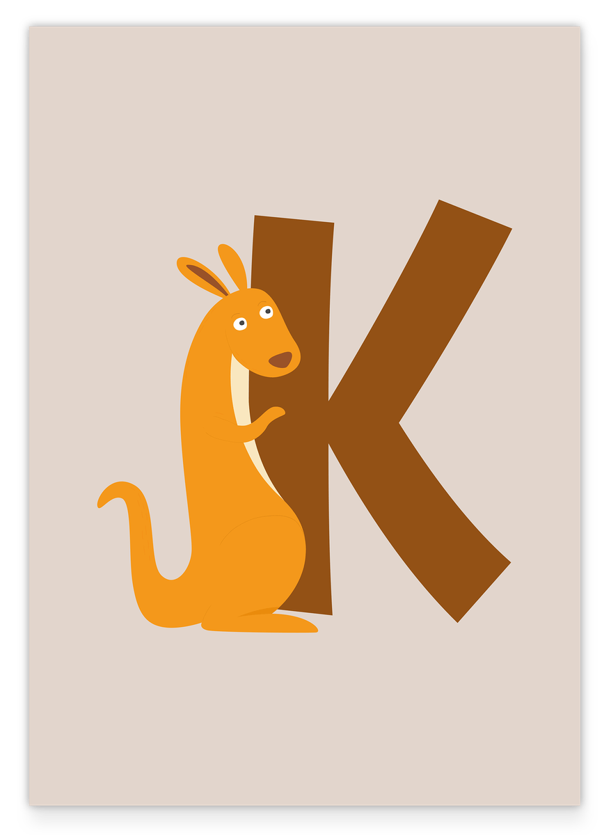K wie Känguru, ABC Lernen, Süße Illustration, Buchstabe für Name, Dekoration für Zuhause
