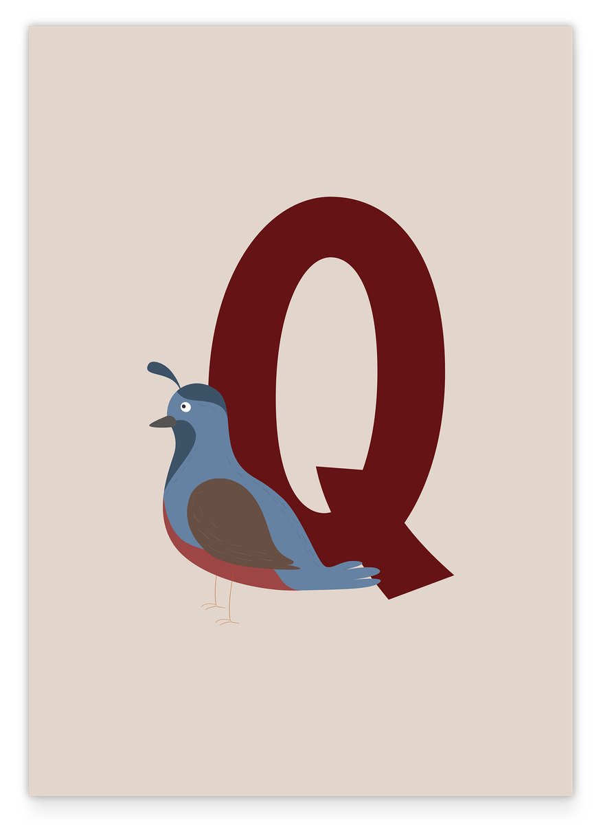 Buchstabe für Name, Q wie Quail - Wachtel - Englisches ABC Lernen, Kinderzimmer Illustration in Beige