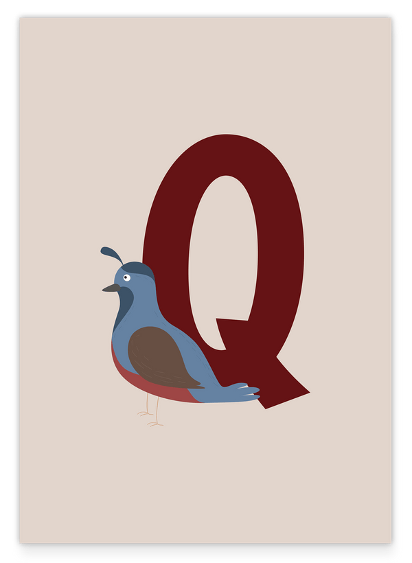 Buchstabe für Name, Q wie Quail - Wachtel - Englisches ABC Lernen, Kinderzimmer Illustration in Beige