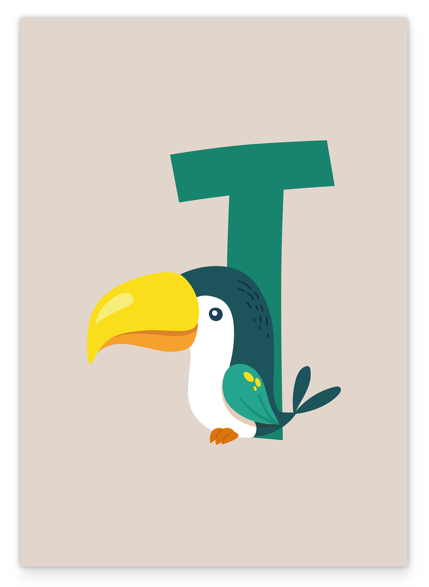 T wie Tukan, Buchstabe für Name, ABC Lernen, Süße Zeichnung für Kinder, Dekoration für Zuhause