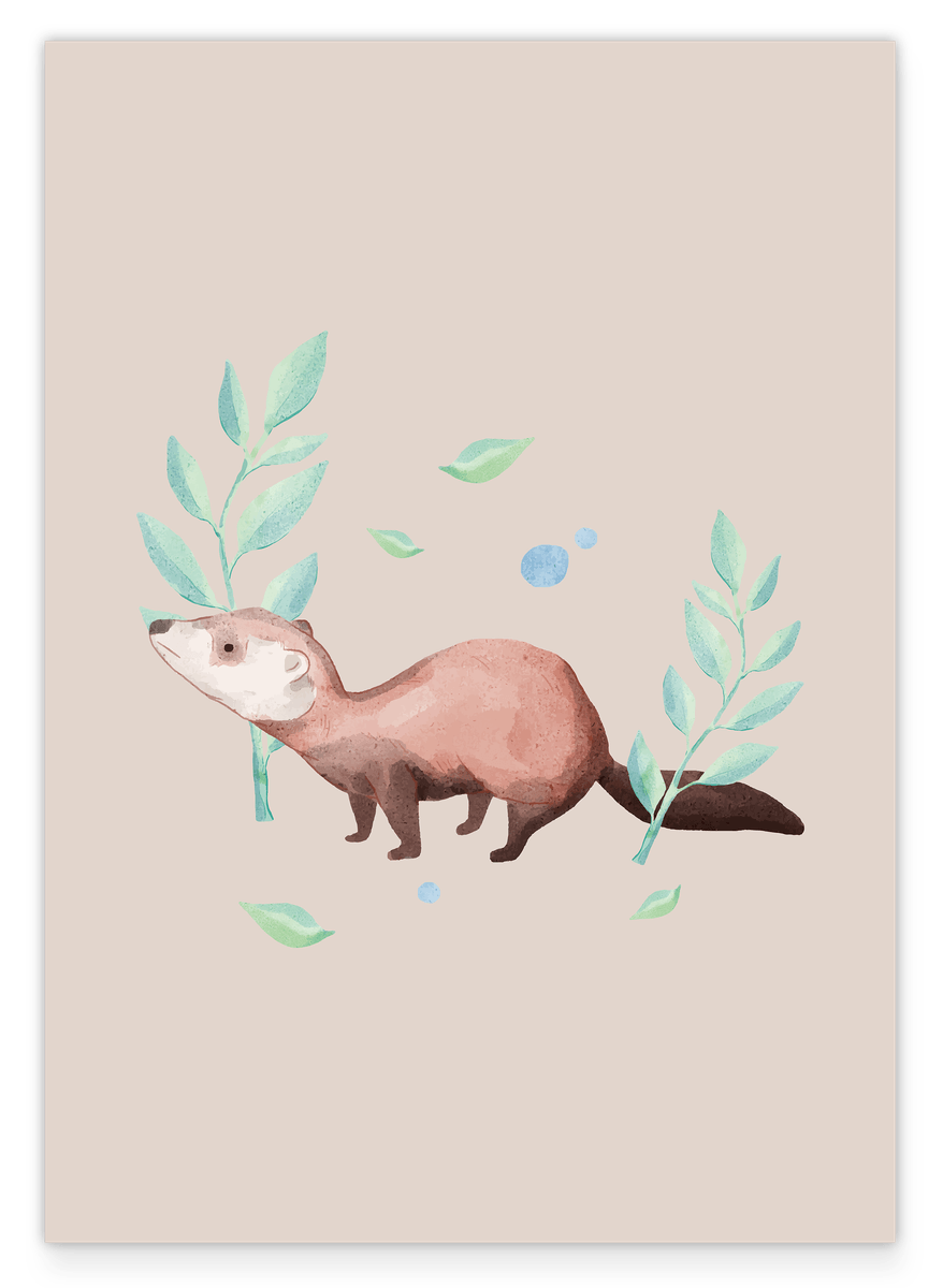 Wiesel im Wald, Tier-Illustration, Süße Wasserfarben-Zeichnung, Dekoration für Zuhause