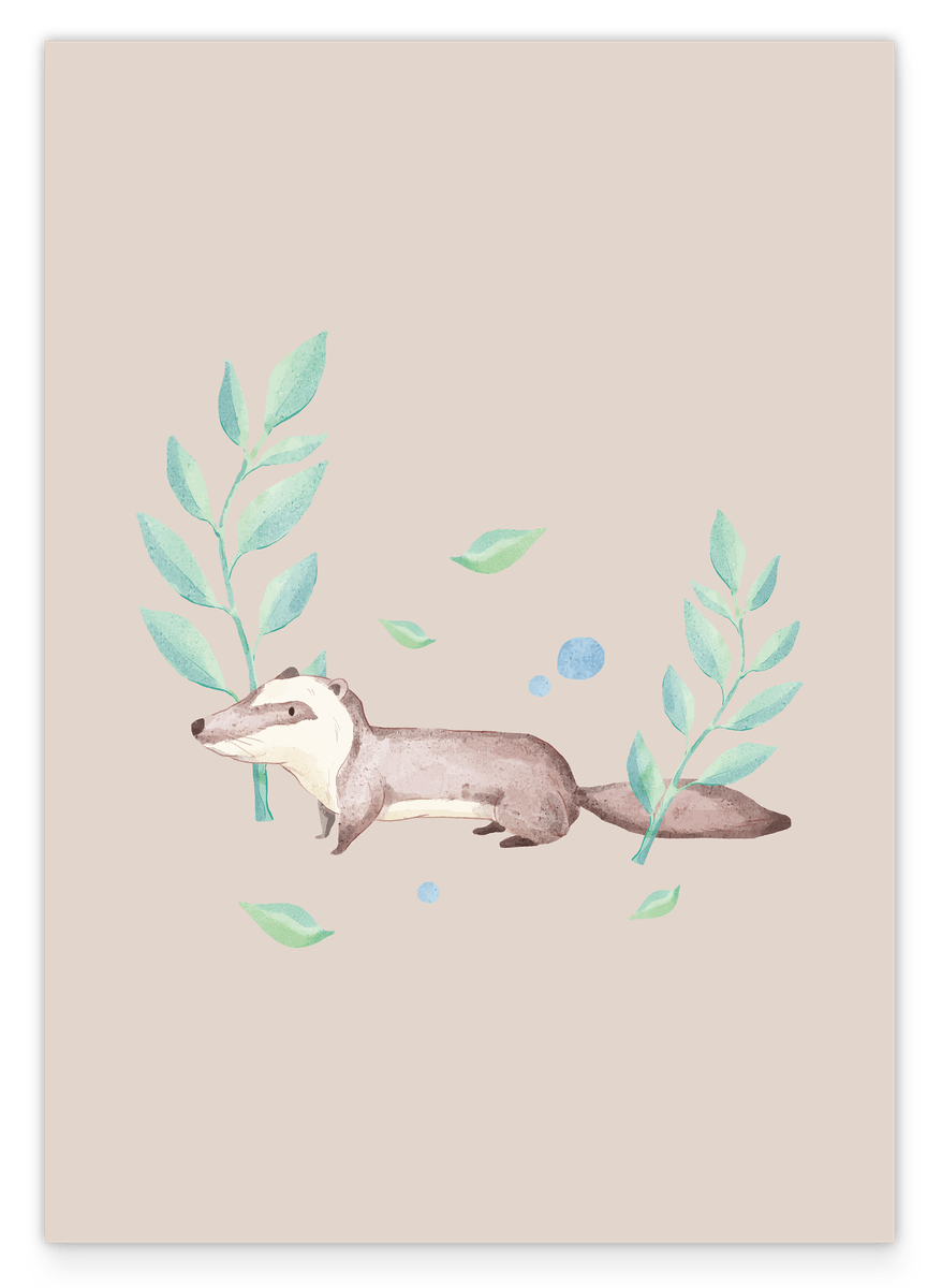 Süßer Dachs im Wald, Wasserfarben-Zeichnung, Kinderzimmer Deko Beige, Illustration für Kinder