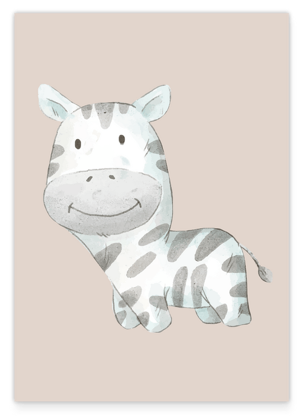 Lächelndes Zebra, Tier-Zeichnung in Wasserfarben-Optik, Kunst für Kinder, Deko für Zuhause