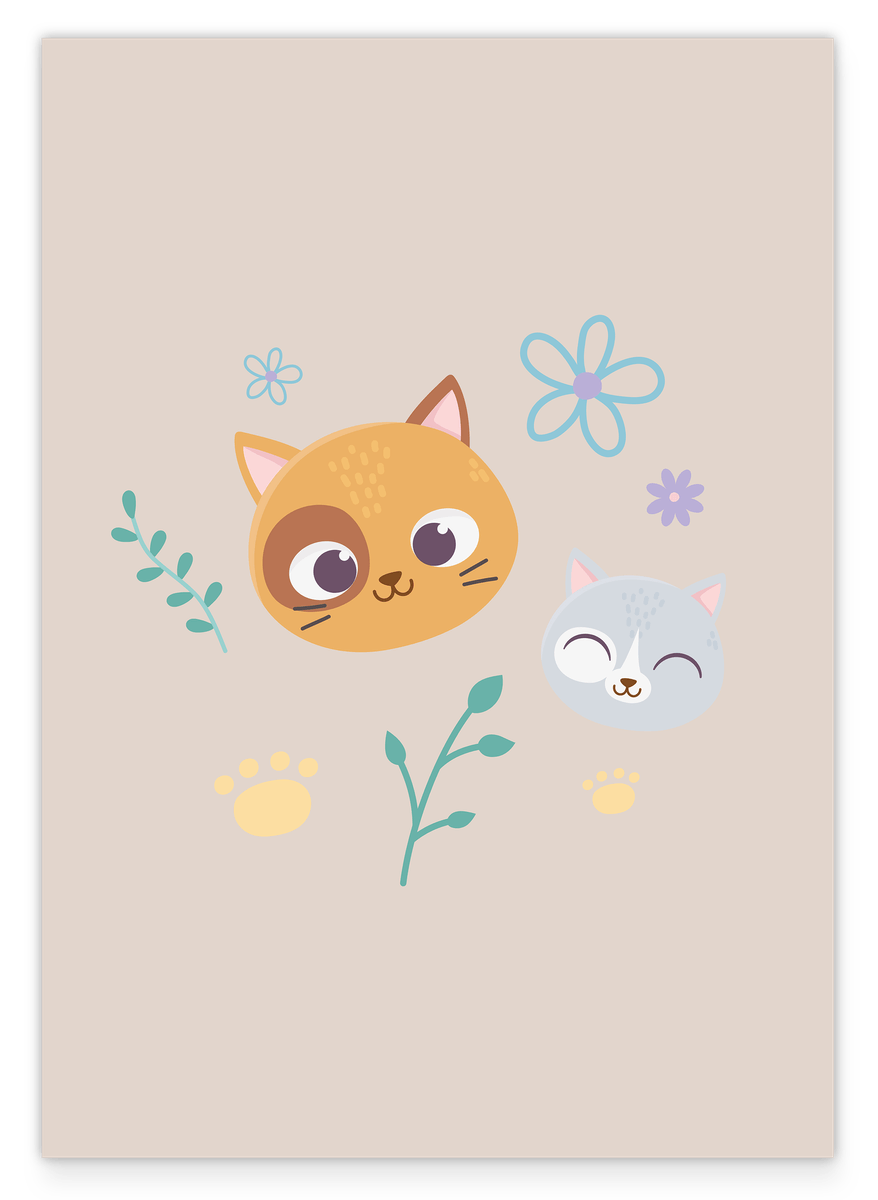 Katzen im Blumenfeld, Kunst für Zuhause, Süße Illustration, Zeichnung für Kinder