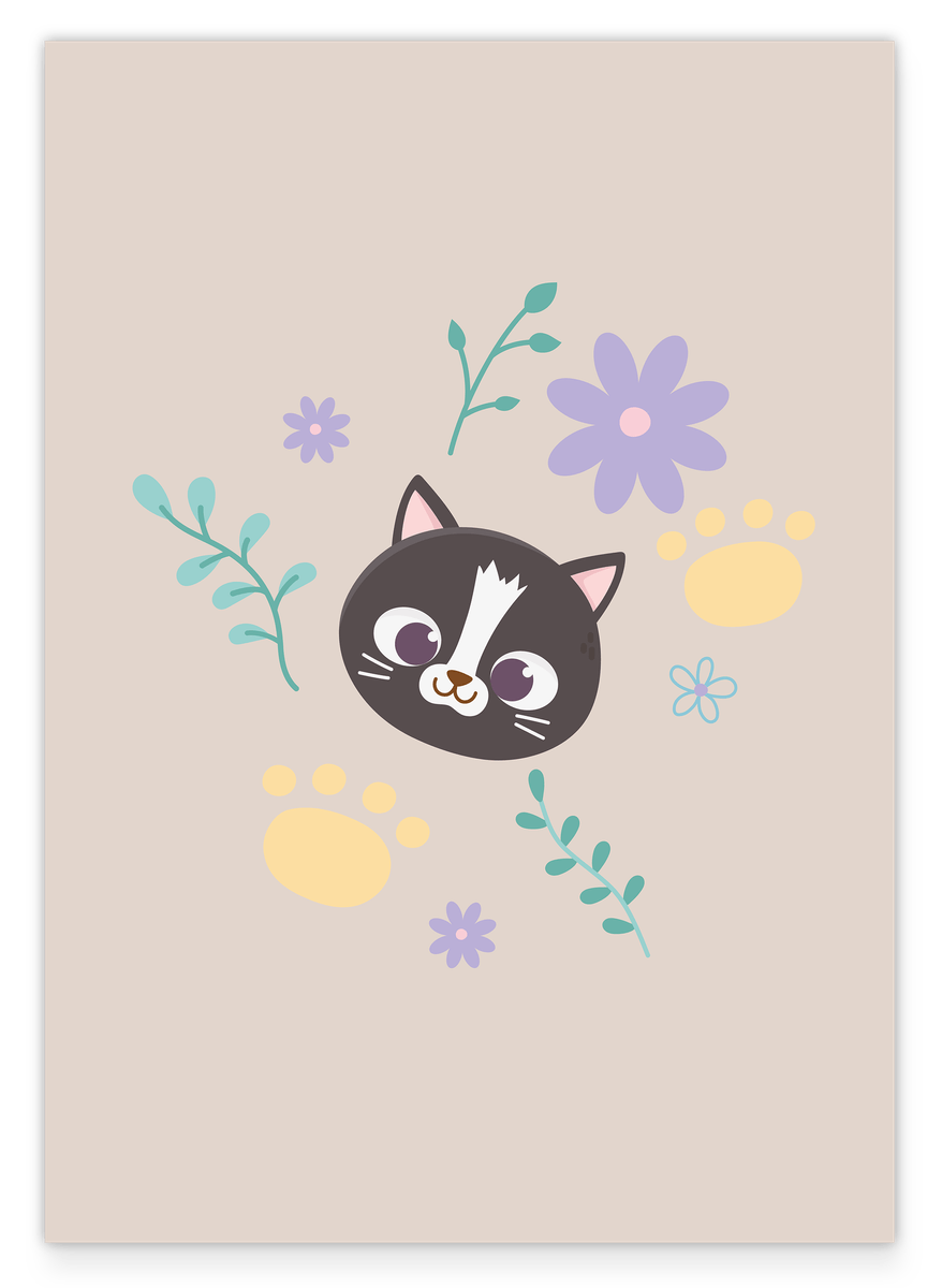 Katze im Blumenfeld, Süße Zeichnung, Kunst für Kinder, Tier-Illustration, Deko für Zuhause