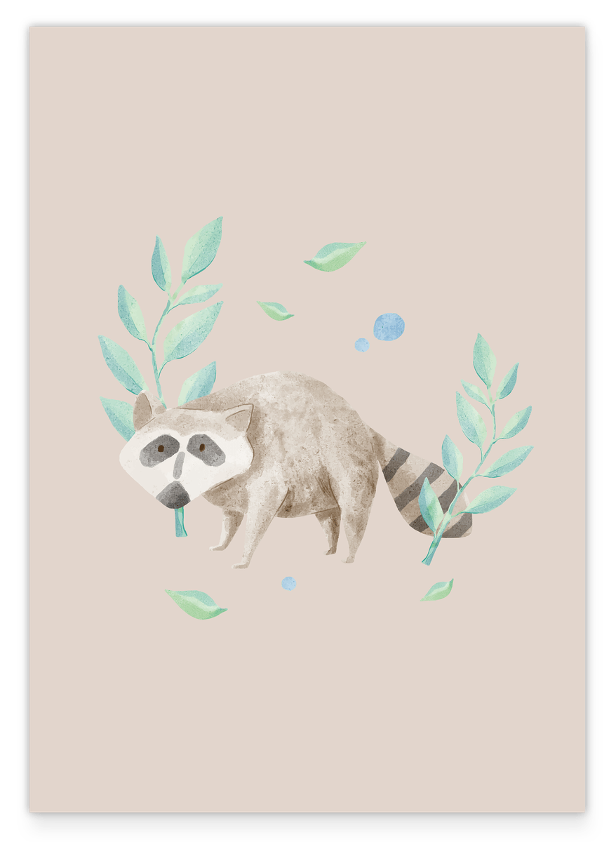 Waschbär im Wald, Wasserfarben-Zeichnung, Süße Illustration, Dekoration für Zuhause