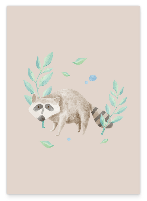 Waschbär im Wald, Wasserfarben-Zeichnung, Süße Illustration, Dekoration für Zuhause