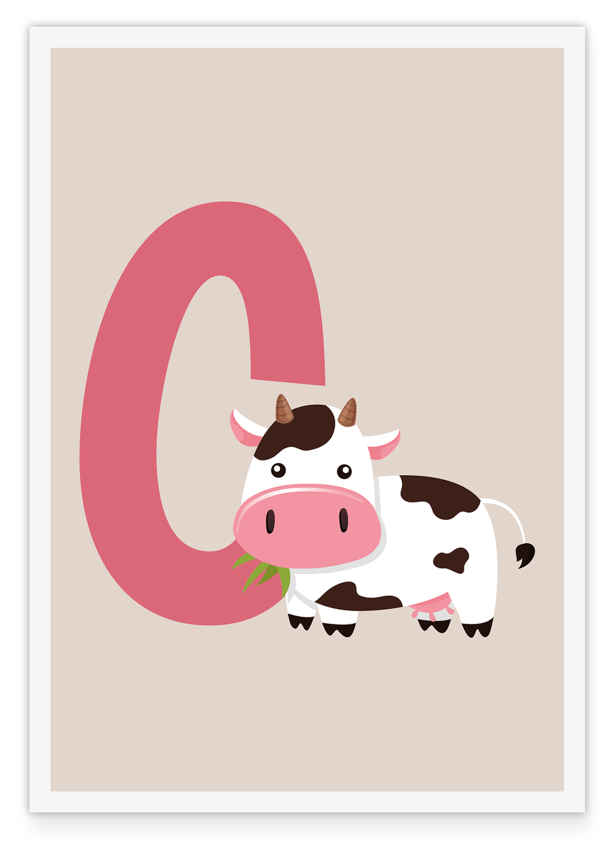 C wie Cow, ABC Lernen Englisch, Kinder Buchstaben Dekoration in Beige mit weißem Rand