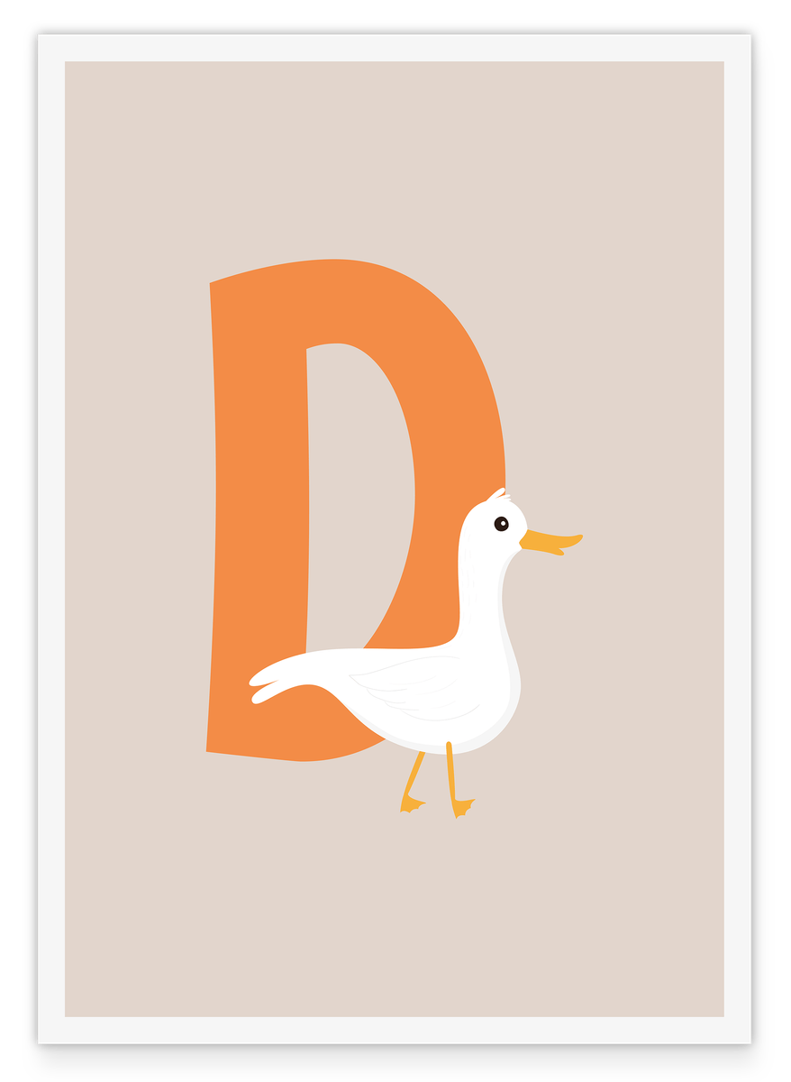 D wie Duck, Süße Ente, Englisches ABC Lernen mit Kinder Wanddekoration in Beige mit weißem Rand