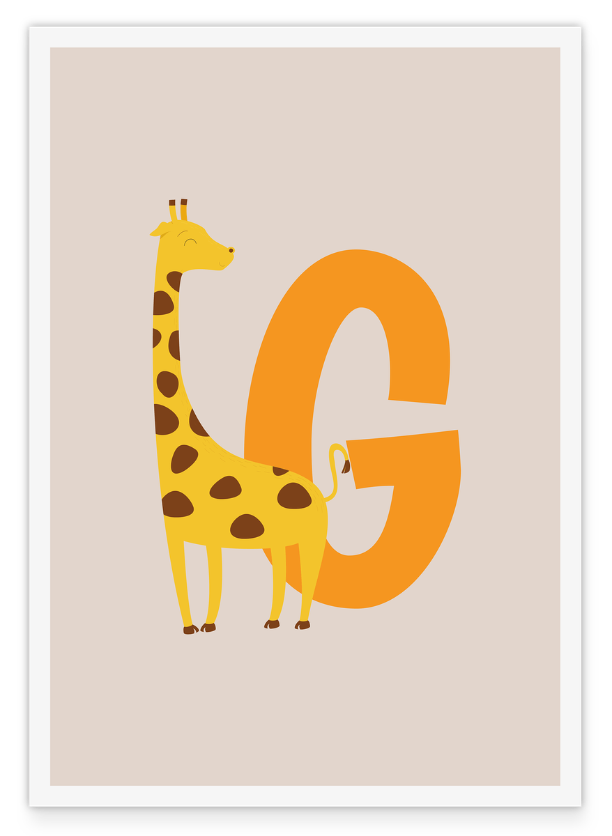 Kinderzimmer Deko in Beige - G wie Giraffe, ABC Buchstaben für Namen, Zeichnung mit weißem Rand