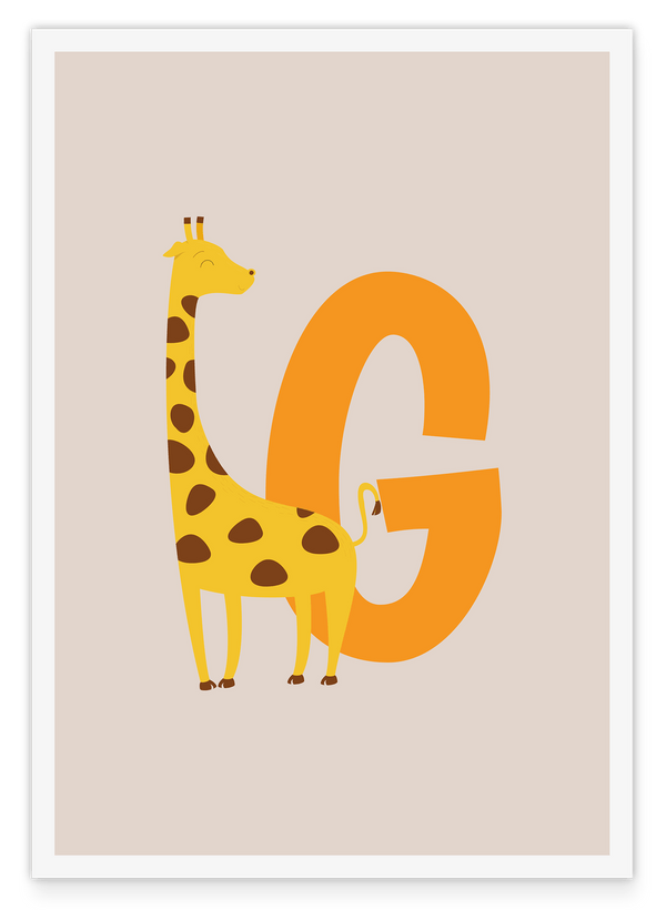 Kinderzimmer Deko in Beige - G wie Giraffe, ABC Buchstaben für Namen, Zeichnung mit weißem Rand