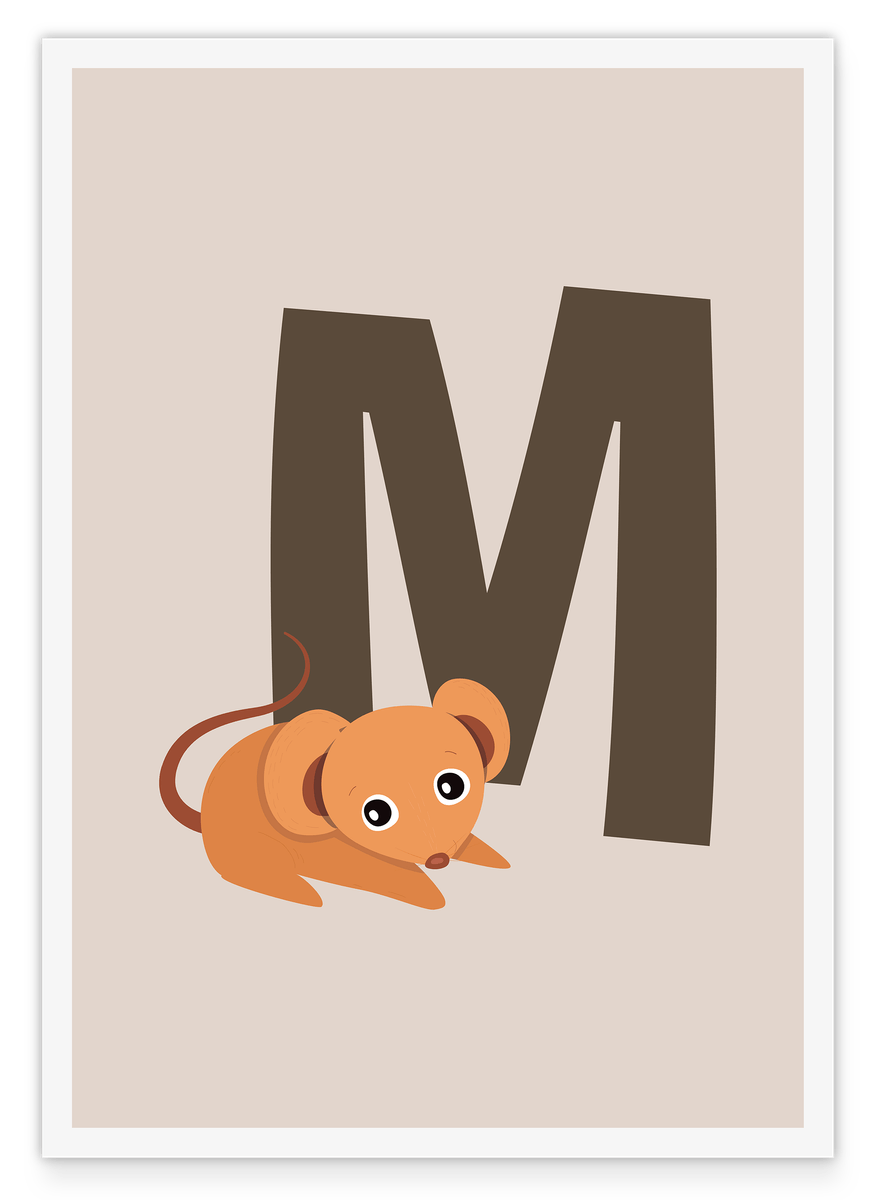 Kinder Illustration M wie Maus, Namen- & Buchstaben Kinderzimmerdeko in Beige mit weißem Rand