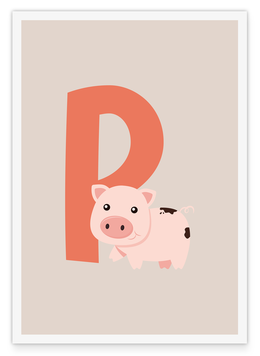 P wie Pig, Englisches ABC Lernen, Süße Schwein Zeichnung für Kinder auf Beige mit weißem Rand