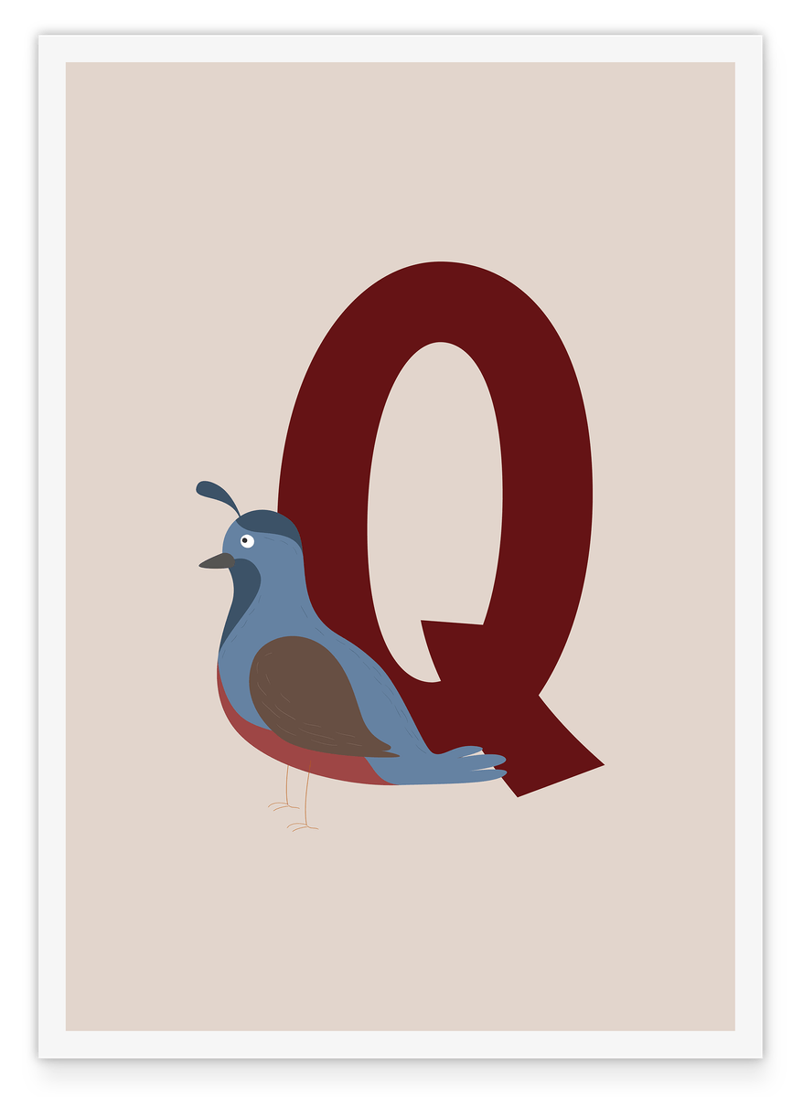 Q wie Quail, Wachtel, Englisches ABC Lernen, Süße Vogel Illustration in Beige mit weißem Rand, Buchstabe für Name