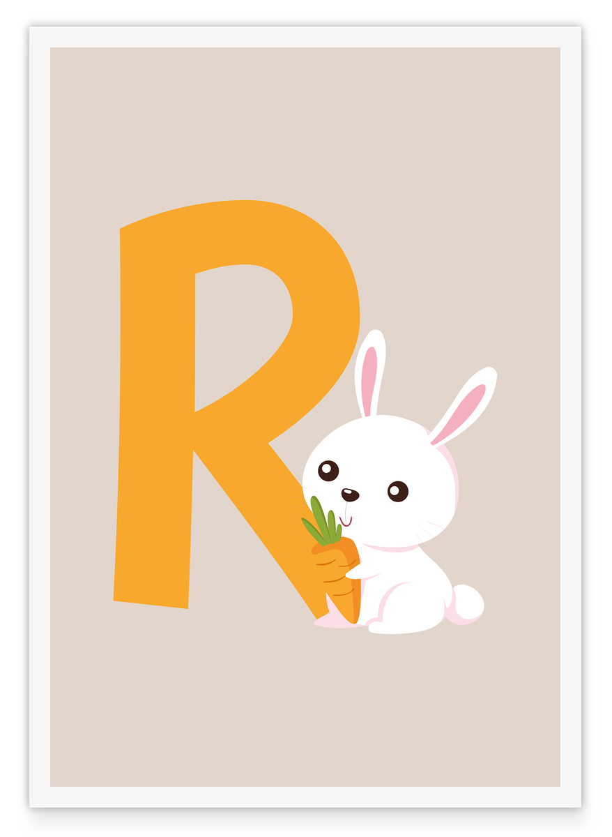 Buchstabe R wie Rabbit, Hase Kinderzimmer Wanddekoration in Beige mit weißem Rand, Englisches ABC Lernen