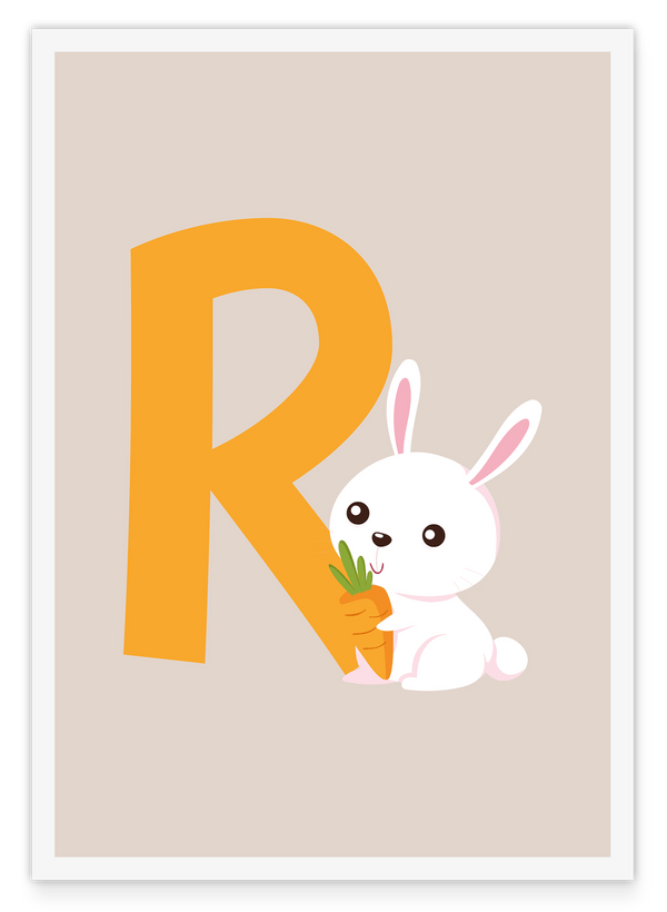 Buchstabe R wie Rabbit, Hase Kinderzimmer Wanddekoration in Beige mit weißem Rand, Englisches ABC Lernen