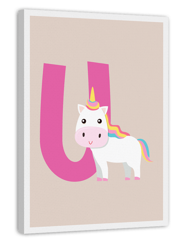 U wie Unicorn, Kinderzimmer Deko in Beige mit weißem Rand - Süße Einhorn Illustration, Englische Buchstaben