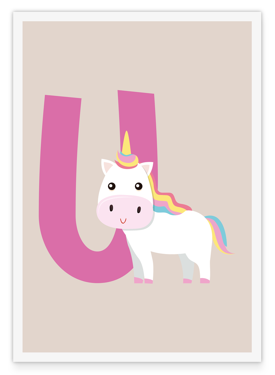 U wie Unicorn, Kinderzimmer Deko in Beige mit weißem Rand - Süße Einhorn Illustration, Englische Buchstaben