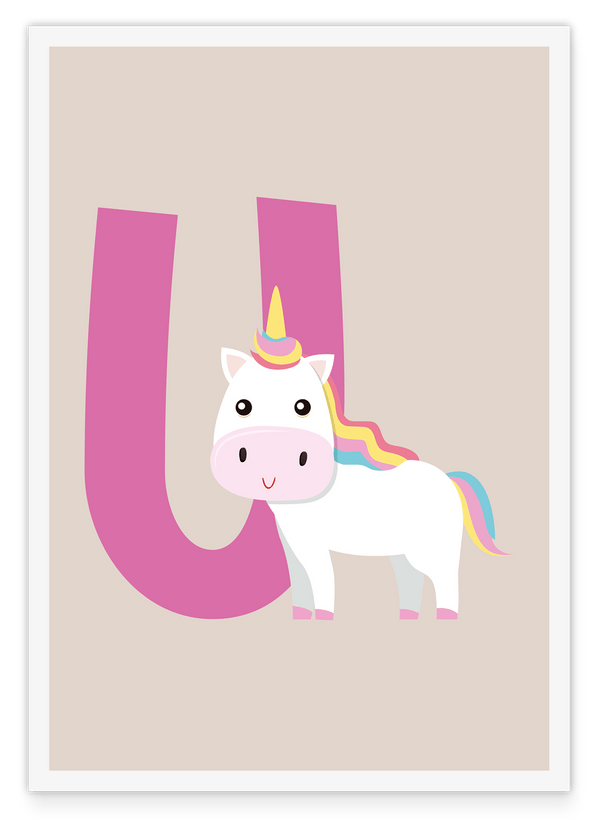 U wie Unicorn, Kinderzimmer Deko in Beige mit weißem Rand - Süße Einhorn Illustration, Englische Buchstaben