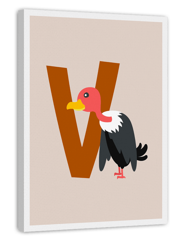 V wie Vulture, Niedlicher Geier, Englisches ABC Lernen, Buchstabe für Name, Beige Wanddekoration mit weißem Rand
