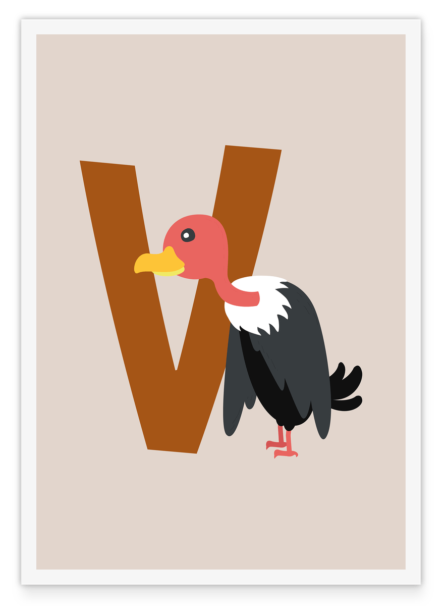 V wie Vulture, Niedlicher Geier, Englisches ABC Lernen, Buchstabe für Name, Beige Wanddekoration mit weißem Rand