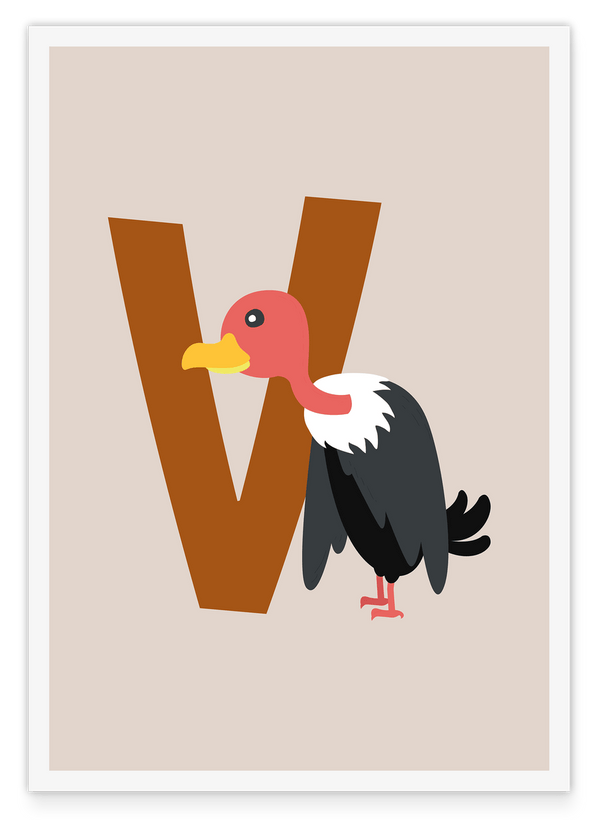 V wie Vulture, Niedlicher Geier, Englisches ABC Lernen, Buchstabe für Name, Beige Wanddekoration mit weißem Rand