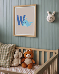 After Hover: W wie Wal, Buchstabe für Name, ABC Lernen, Süße Zeichnung für Kinder, Dekoration für Zuhause