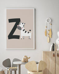 After Hover: Buchstabe Z wie Zebra, Kinderzimmer Deko in Beige, Süße Illustration mit weißem Rand