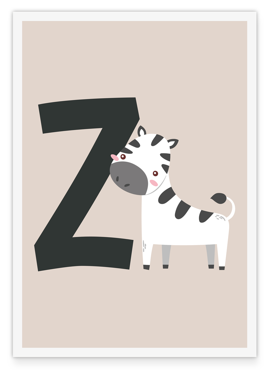 Buchstabe Z wie Zebra, Kinderzimmer Deko in Beige, Süße Illustration mit weißem Rand