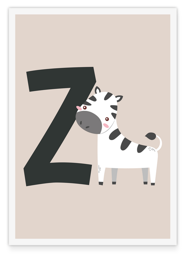 Buchstabe Z wie Zebra, Kinderzimmer Deko in Beige, Süße Illustration mit weißem Rand