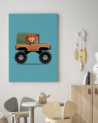 After Hover: Lara Löwe, Monstertruck, Bunte Zeichnung, Auto-Illustration, Lustige Dekoration für Zuhause