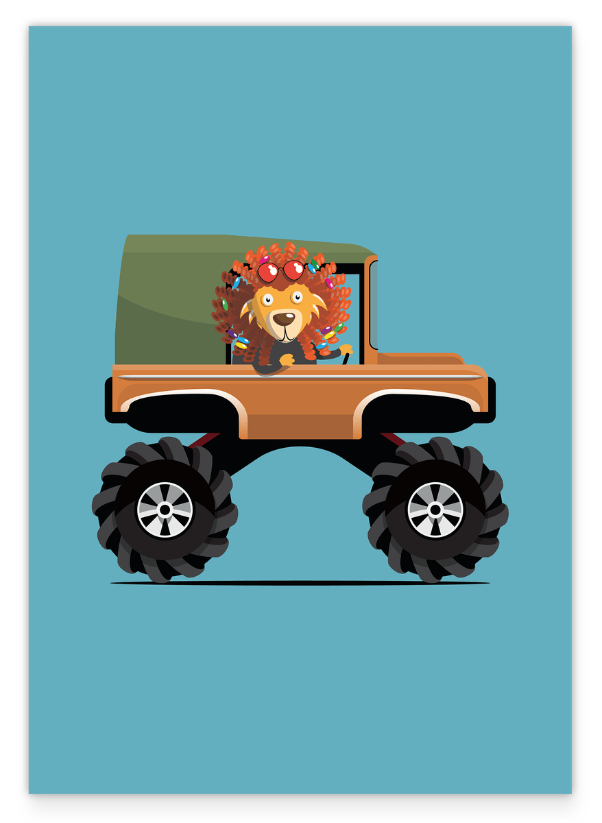 Lara Löwe, Monstertruck, Bunte Zeichnung, Auto-Illustration, Lustige Dekoration für Zuhause