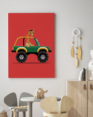 After Hover: Gilbert Giraffe, Auto-Zeichnung, Bunte Illustration, Monstertruck-Auto, Lustige Deko für Zuhause