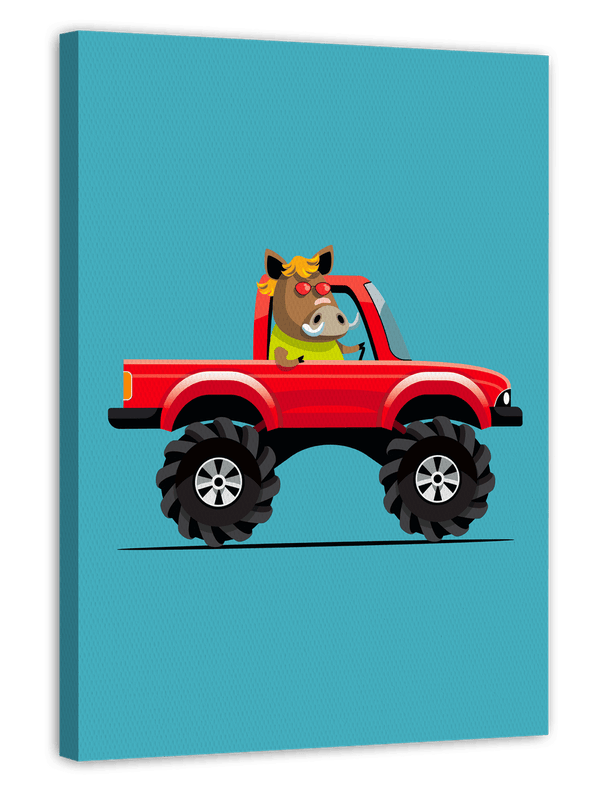 Willi Wildschwein, Buntes Auto, Monstertruck, Lustige Zeichnung für Kinder, Dekoration für Zuhause