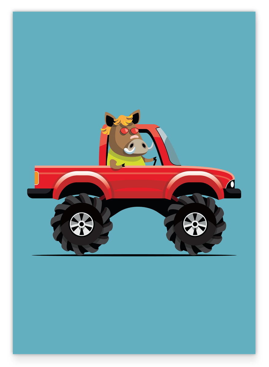 Willi Wildschwein, Buntes Auto, Monstertruck, Lustige Zeichnung für Kinder, Dekoration für Zuhause
