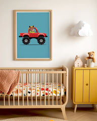 After Hover: Willi Wildschwein, Buntes Auto, Monstertruck, Lustige Zeichnung für Kinder, Dekoration für Zuhause